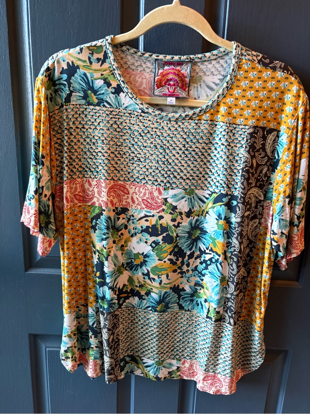 Johnny Was Bamboo Patchwork Floral Short Sleeve Knit Top Medium Boho